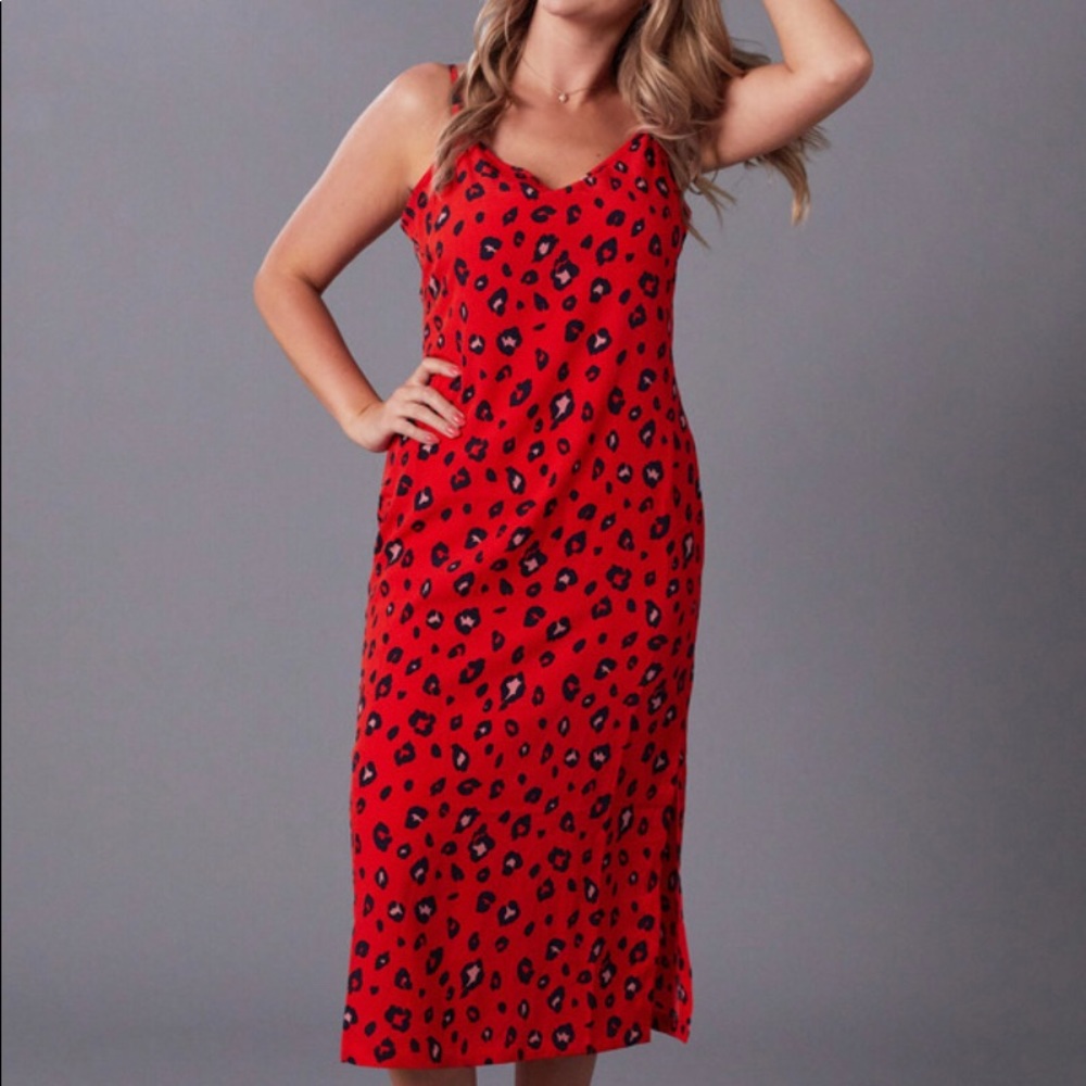 Ava Red Cheetah Print Slip Midi Dress NWT